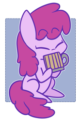 Size: 557x826 | Tagged: safe, artist:typhwosion, imported from derpibooru, berry punch, berryshine, pony, berrybetes, eyes closed, female, hoof hold, missing cutie mark, mug, solo