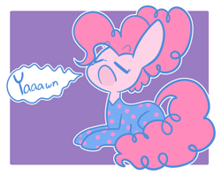 Size: 1280x1020 | Tagged: safe, artist:typhwosion, imported from derpibooru, pinkie pie, pony, alternate hairstyle, clothes, cute, diapinkes, eyes closed, female, footed sleeper, open mouth, pajamas, prone, solo, speech bubble, yawn