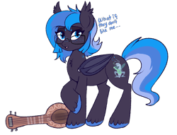 Size: 850x649 | Tagged: safe, artist:lulubell, imported from derpibooru, oc, oc only, oc:cricket, bat pony, pony, bat pony oc, female, freckles, glasses, guitar, mare, older, solo