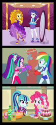 Size: 679x1500 | Tagged: safe, artist:sapphiregamgee, imported from derpibooru, adagio dazzle, aria blaze, pinkie pie, rainbow dash, rarity, sonata dusk, equestria girls, equestria girls series, apple juice, apron, armpits, belly button, bonding, boxing gloves, cake, choker, clothes, commission, dress, food, friendshipping, fruit punch, high heels, ice cream, juice, midriff, mirror, pants, punching bag, raspberry (food), reformed, shoes, shoulderless, sleeveless, sports bra, sports shorts, the dazzlings, the reformed dazzlings, tongue out, workout, workout outfit, yoga pants