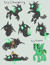 Size: 1076x1389 | Tagged: safe, artist:racingwolf, imported from derpibooru, oc, oc only, oc:scy, changeling, fox, pegasus, rabbit, changeling oc, cuteling, disguise, disguised changeling, green changeling, plushie, ponysona, solo