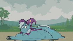 Size: 1280x720 | Tagged: safe, artist:secretgoombaman12345, imported from derpibooru, trixie, goo, pony, unicorn, blushing, embarrassed, fat, female, imminent death, melting, solo, the great and bountiful trixie, wat, youtube link