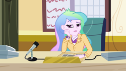 Size: 1920x1080 | Tagged: safe, imported from derpibooru, screencap, princess celestia, equestria girls, equestria girls (movie), apathy, celestia is not amused, celestia's office, female, looking at you, microphone, principal celestia, reaction image, solo, tired of your shit, unamused