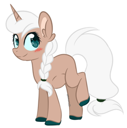 Size: 600x605 | Tagged: safe, artist:sinamuna, imported from derpibooru, oc, oc only, oc:sugar glaze, pony, unicorn, au:equuis, base used, blushing, braid, brown fur, colored hooves, female, green eyes, horn, mare, ponytail, pregnant, redesign, simple background, smiling, solo, transparent background, updated design, white hair