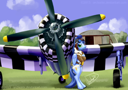 Size: 800x566 | Tagged: safe, artist:archonix, imported from derpibooru, soarin', pegasus, pony, aviator goggles, aviator hat, bipedal, bipedal leaning, bomber jacket, clothes, crossed hooves, goggles, hangar, hat, jacket, leaning, male, p-47, p-47 thunderbolt, plane, republic aviation corporation, scarf, signature, smiling, solo