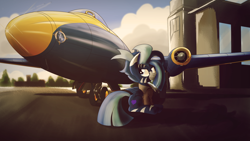 Size: 1920x1080 | Tagged: safe, artist:ruhisu, imported from derpibooru, oc, oc only, oc:wild blue, pony, bomber, bomber jacket, clothes, english electric canberra, female, hangar, jacket, jet, mare, nose art, plane, sitting, smiling, solo