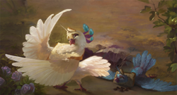 Size: 2229x1200 | Tagged: safe, artist:bra1neater, artist:v747, imported from derpibooru, princess celestia, princess luna, bird, pigeon, birb, birdified, bread, breading, chest fluff, collaboration, duo, female, fine art emulation, fluffy, food, freckles, frown, horn, lidded eyes, majestic as fuck, neck fluff, prone, royal sisters, scenery, seed, sisters, smiling, species swap, spread wings, technical advanced, technically advanced, unamused, wing hands, wings