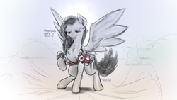 Size: 1280x720 | Tagged: safe, artist:cyclone-dusk, imported from derpibooru, oc, oc only, oc:angel targical, pegasus, pony, black hair, chest fluff, lidded eyes, medical saddlebag, piercing, sketch, solo, speech, walkie talkie