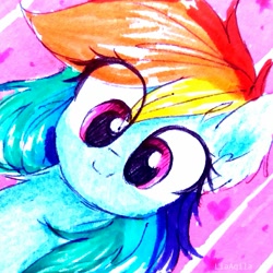 Size: 1153x1153 | Tagged: safe, artist:liaaqila, imported from derpibooru, rainbow dash, pegasus, pony, abstract background, bust, cute, dashabetes, female, mare, smiling, solo, traditional art