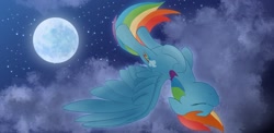 Size: 2274x1107 | Tagged: safe, artist:chocodamai, imported from derpibooru, rainbow dash, pegasus, pony, cloud, eyes closed, female, flying, full moon, mare, moon, night, night sky, sky, solo, spread wings, starry night, upside down, wings