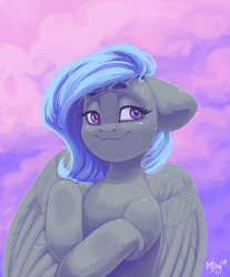 Size: 1280x1543 | Tagged: safe, artist:amishy, imported from derpibooru, oc, oc only, pegasus, pony, cloud, female, mare, smiling, solo