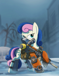 Size: 1056x1364 | Tagged: safe, artist:buckweiser, imported from derpibooru, bon bon, sweetie drops, earth pony, pony, clothes, dark zone, female, kriss vector, mare, mask, respirator, secret agent sweetie drops, snow, snowfall, submachinegun, suppressor, the division, tom clancy's the division, watch