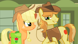 Size: 2485x1404 | Tagged: safe, artist:sapphireartemis, imported from derpibooru, applejack, braeburn, pony, applecest, braejack, female, incest, male, saddle bag, shipping, story included, straight