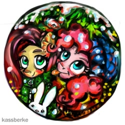 Size: 500x500 | Tagged: safe, artist:kassberke, imported from derpibooru, angel bunny, fluttershy, pinkie pie, pony, christmas, christmas tree, holiday, snow, snow globe, tree, winter