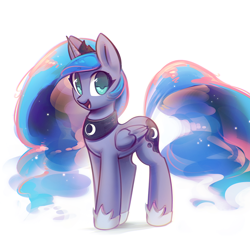Size: 1404x1404 | Tagged: safe, artist:mirroredsea, imported from derpibooru, princess luna, alicorn, pony, crown, cute, female, filly, hoof shoes, jewelry, looking at you, lunabetes, mare, open mouth, regalia, simple background, smiling, solo, white background