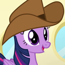 Size: 580x580 | Tagged: safe, imported from derpibooru, screencap, twilight sparkle, alicorn, pony, once upon a zeppelin, cowboy hat, cropped, female, hat, mare, solo, stetson, twilight sparkle (alicorn)