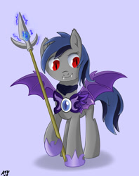 Size: 897x1133 | Tagged: safe, artist:atomfliege, imported from derpibooru, oc, oc only, oc:moonlight stars, bat pony, pony, armor, bat pony oc, neckerchief, simple background, solo, standing, weapon