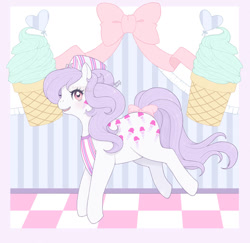 Size: 906x882 | Tagged: safe, artist:reachfarhigh, imported from derpibooru, scoops, pony, bow, bucking, cute, female, food, g1, g1betes, ice cream, ice cream cone, solo, tail bow, the earth pony that flew, twice as fancy ponies