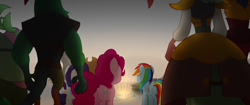 Size: 1920x804 | Tagged: safe, imported from derpibooru, screencap, applejack, capper dapperpaws, captain celaeno, lix spittle, mullet (character), pinkie pie, rainbow dash, rarity, anthro, earth pony, parrot pirates, pegasus, pony, my little pony: the movie, anthro with ponies, balloonbutt, basalt beach, butt, celaenobutt, female, light, male, mare, mullet (g4), pirate, plot, rainbutt dash, rear view, rearity