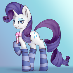 Size: 4093x4093 | Tagged: safe, artist:renderpoint, imported from derpibooru, rarity, pony, unicorn, absurd resolution, clothes, female, mare, scarf, socks, solo, striped socks