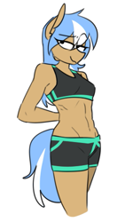 Size: 315x525 | Tagged: safe, artist:redxbacon, imported from derpibooru, oc, oc only, oc:atom bit, anthro, earth pony, abs, anthro oc, breasts, clothes, female, lidded eyes, midriff, shorts, simple background, smiling, solo, sports bra, sports shorts, toned, toned female, white background