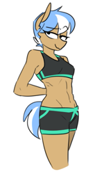 Size: 315x525 | Tagged: safe, artist:redxbacon, imported from derpibooru, oc, oc only, oc:atom bit, anthro, earth pony, abs, anthro oc, belly button, breasts, clothes, female, lidded eyes, midriff, shorts, simple background, smiling, solo, sports bra, sports shorts, toned, toned female, white background