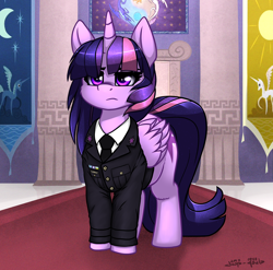 Size: 2148x2120 | Tagged: safe, artist:duop-qoub, imported from derpibooru, twilight sparkle, alicorn, pony, descended twilight, clothes, female, mare, medal, solo, standing, twilight is not amused, twilight sparkle (alicorn), twilight sparkle is not amused, unamused, uniform