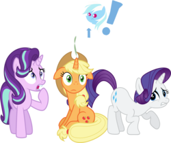 Size: 3655x3065 | Tagged: safe, artist:aborrozakale, artist:lahirien, artist:masem, artist:shadyhorseman, edit, editor:slayerbvc, imported from derpibooru, vector edit, applejack, rainbow dash, rarity, starlight glimmer, pegasus, pony, unicorn, angry, applejack's hat, cowboy hat, cringing, female, floppy ears, hair color edit, hat, implied rainbow dash, looking up, mare, pointy ponies, race swap, rainbow-less dash, raised hoof, simple background, smoke, smoking horn, stetson, transparent background, unicorn applejack, vector, wat, wide eyes