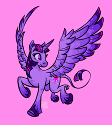 Size: 1260x1407 | Tagged: safe, artist:lalou, imported from derpibooru, twilight sparkle, alicorn, pony, colored wings, cute, ear fluff, female, leonine tail, mare, no pupils, pink background, signature, simple background, solo, starry eyes, twiabetes, twilight sparkle (alicorn), unshorn fetlocks, wingding eyes