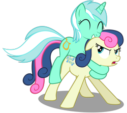 Size: 4500x4000 | Tagged: safe, artist:mundschenk85, imported from derpibooru, bon bon, lyra heartstrings, sweetie drops, earth pony, pony, unicorn, comic:all in good fun, ^^, absurd resolution, bon bon is not amused, duo, duo female, eyes closed, female, floppy ears, glomp, mare, show accurate, simple background, transparent background, unamused, vector