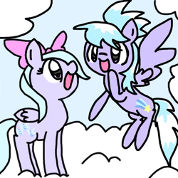 Size: 600x600 | Tagged: safe, artist:fruitriver, imported from derpibooru, cloudchaser, flitter, pegasus, pony, cloud, duo, female, flying, folded wings, mare, open mouth, sky, smiling, spread wings, standing, wings