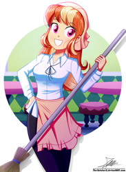 Size: 920x1260 | Tagged: safe, artist:the-butch-x, imported from derpibooru, oc, oc only, oc:mandarine mélange, equestria girls, birthday gift, broom, equestria girls-ified, female, smiling, solo, stool, table, waitress