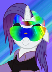 Size: 262x365 | Tagged: safe, artist:smooth-criminal-13, imported from derpibooru, rarity, pony, unicorn, friendship university, abstract background, alternate hairstyle, backwards ballcap, baseball cap, cap, clothes, disguise, female, hat, plainity, rainbow colors, smiling, solo, sunglasses