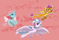 Size: 11000x7500 | Tagged: safe, artist:chedx, imported from derpibooru, ocellus, silverstream, smolder, changedling, changeling, classical hippogriff, dragon, hippogriff, absurd resolution, cute, diaocelles, diastreamies, dragoness, female, flying, open mouth, pink background, simple background, smolderbetes, trio