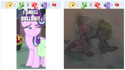 Size: 720x402 | Tagged: safe, edit, edited screencap, imported from derpibooru, screencap, silverstream, spike, starlight glimmer, classical hippogriff, dragon, hippogriff, pony, unicorn, derpibooru, bullshit, hand drawing, juxtaposition, meme, meta, shipping, spikestream, suspicious, traditional art, vulgar