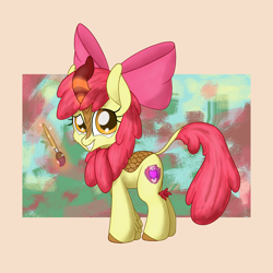 Size: 2200x2200 | Tagged: safe, artist:litrojia, imported from derpibooru, apple bloom, kirin, abstract background, bow, curved horn, cutie mark, fake cutie mark, female, filly, horn, kirin apple bloom, kirin-ified, leg fluff, leonine tail, levitation, looking at you, magic, paint, paintbrush, scales, smiling, solo, species swap, standing, telekinesis, the cmc's cutie marks