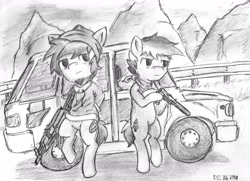 Size: 1635x1182 | Tagged: safe, artist:spackle, imported from derpibooru, oc, oc only, oc:buck evergreen, oc:zone blitz, earth pony, pony, ak-104, ak-47, assault rifle, bandana, beanie, bipedal, bottomless, car, clothes, death road to canada, duo, facial hair, gun, handgun, hat, hoodie, hoof hold, m1911, male, monochrome, mountain, mountain range, outdoors, partial nudity, pistol, rifle, road, stallion, suppressor, traditional art, weapon, who needs trigger fingers