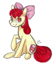 Size: 2400x2800 | Tagged: safe, artist:eeviart, imported from derpibooru, apple bloom, earth pony, pony, adorabloom, apple bloom's bow, bow, cute, female, filly, freckles, hair bow, no pupils, simple background, sitting, solo, traditional art, white background