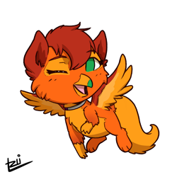 Size: 2000x2000 | Tagged: safe, imported from derpibooru, oc, oc only, oc:amber wing, griffon, chibi, collar, flying, one eye closed, solo, wings, wink