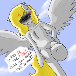 Size: 719x720 | Tagged: safe, artist:artisticspoopalist, imported from derpibooru, derpy hooves, oc, oc:jerky hooves, anthro, pegasus, pony, semi-anthro, unguligrade anthro, angry, both cutie marks, cross-popping veins, vulgar