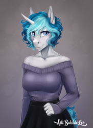 Size: 1857x2550 | Tagged: safe, artist:askbubblelee, imported from derpibooru, oc, oc only, oc:bubble lee, anthro, unicorn, abstract background, adorasexy, anthro oc, beautiful, big breasts, blouse, blushing, breasts, clothes, curved horn, cute, eyelashes, female, freckles, horn, lips, looking at you, mare, neck freckles, ocbetes, off shoulder, off shoulder sweater, sexy, short hair, shoulder freckles, shoulderless, signature, skirt, smiling, solo, sweater, sweater puppies, wavy mane