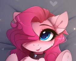 Size: 1008x812 | Tagged: safe, artist:magnaluna, imported from derpibooru, pinkie pie, earth pony, pony, :p, bust, chest fluff, collar, colored pupils, cropped, cute, diapinkes, ear fluff, female, hair over one eye, heart, heart eyes, hoof fluff, mare, portrait, silly, smiling, solo, tongue out, underhoof, wingding eyes