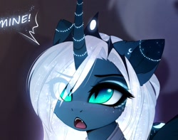 Size: 1200x944 | Tagged: safe, artist:magnaluna, imported from derpibooru, princess luna, alicorn, pony, alternate hair color, cheek fluff, crown, cute, dialogue, ear fluff, eye clipping through hair, fangs, female, horn jewelry, jewelry, lunabetes, mare, one word, open mouth, regalia, slit eyes, slit pupils, solo, sparkly mane