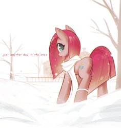 Size: 1323x1404 | Tagged: safe, artist:mirroredsea, edit, imported from derpibooru, pinkie pie, earth pony, pony, clothes, female, looking at you, looking back, looking back at you, mare, pinkamena diane pie, rock farm, scarf, snow, snowfall, snowman, solo, text, text edit, winter