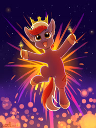 Size: 2450x3266 | Tagged: safe, artist:zobaloba, imported from derpibooru, oc, oc only, oc:horst, earth pony, pony, crown, fireworks, happy, jewelry, regalia, shading, solo, ych example, ych result