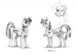 Size: 1400x1003 | Tagged: safe, artist:baron engel, imported from derpibooru, twilight sparkle, alicorn, pony, anatomical study, grayscale, monochrome, pencil drawing, simple background, skull, style comparison, traditional art, twilight sparkle (alicorn), white background