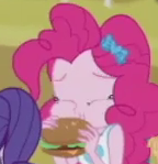 Size: 144x149 | Tagged: safe, imported from derpibooru, screencap, pinkie pie, equestria girls, equestria girls series, schedule swap, spoiler:eqg series (season 2), burger, cheeseburger, cropped, eating, female, food, hamburger, solo, that human sure does love burgers