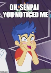 Size: 363x516 | Tagged: safe, edit, edited screencap, imported from derpibooru, screencap, flash sentry, equestria girls, equestria girls series, spring breakdown, spoiler:eqg series (season 2), blushing, caption, image macro, meme, starry eyes, text, wingding eyes