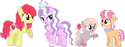 Size: 1112x418 | Tagged: safe, artist:xhalesx, imported from derpibooru, apple bloom, diamond tiara, pony, diamondbloom, family, female, lesbian, magical lesbian spawn, offspring, older, older apple bloom, older diamond tiara, parent:apple bloom, parent:diamond tiara, parents:diamondbloom, shipping