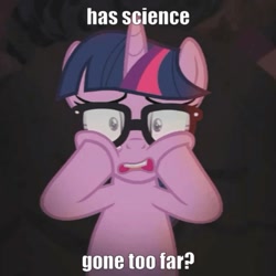 Size: 720x720 | Tagged: safe, edit, edited screencap, imported from derpibooru, screencap, sci-twi, twilight sparkle, pony, unicorn, equestria girls, equestria girls series, spring breakdown, spoiler:eqg series (season 2), caption, chubby cheeks, female, has science gone too far?, image macro, ponified, shocked expression, solo, squishy cheeks, text, unicorn sci-twi, what has magic done, what has science done